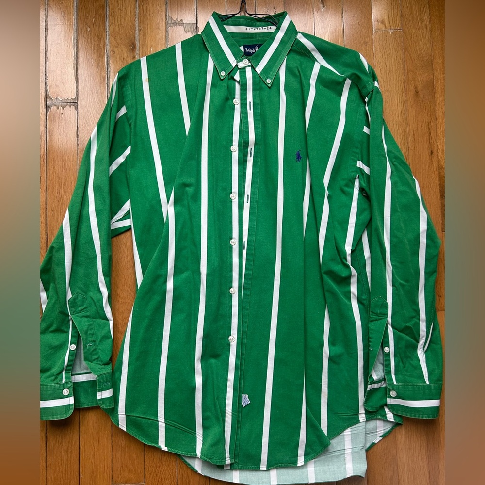 Ralph Lauren Green and White Vertical Stripe Button-Down Dress Shirt